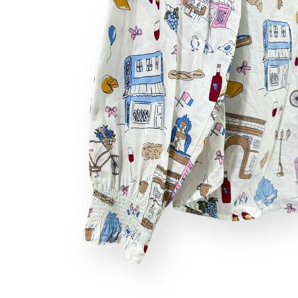 Talbots Paris Icons Ruffle Popover MP Cotton Blouse Top French Print Peasant - Picture 4 of 9